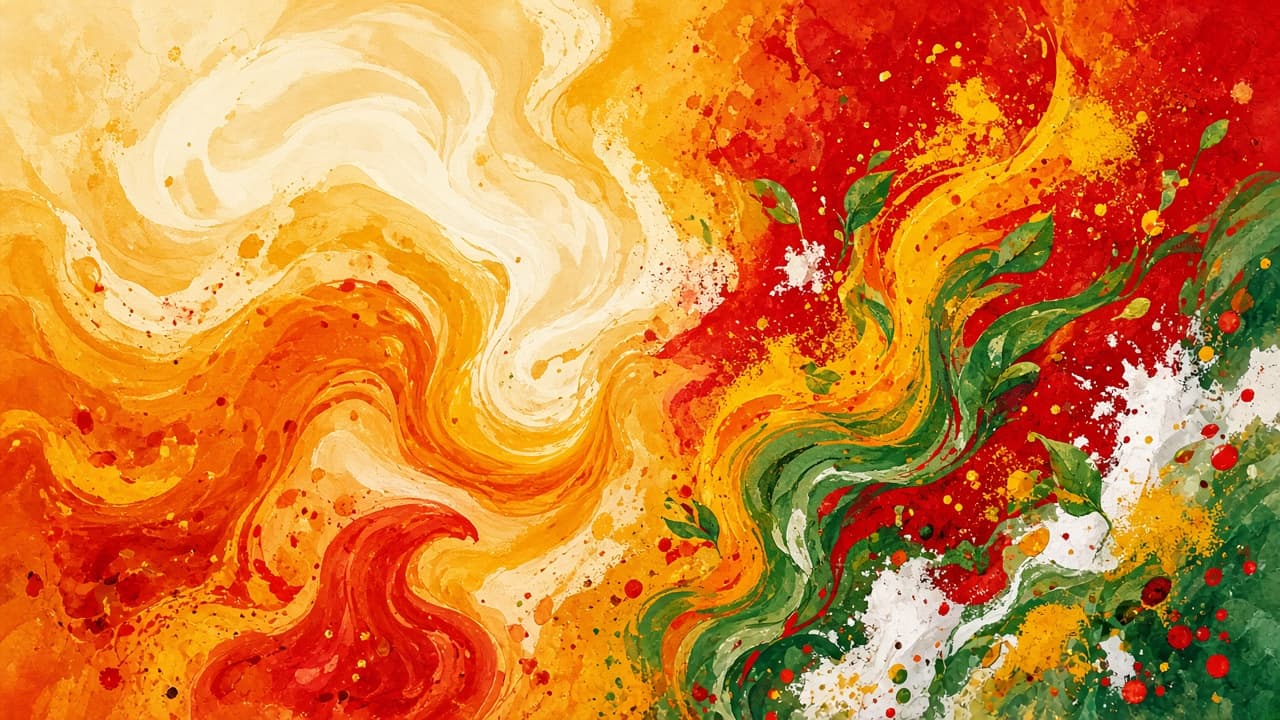 Abstract watercolor of cream and saffron swirls meeting chili red, turmeric, curry leaf green, and white