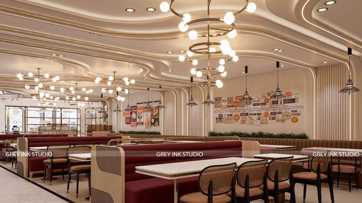 Render of Bikanervala Adelaide’s cream-and-red dining room with curved ceiling lights and a wall timeline