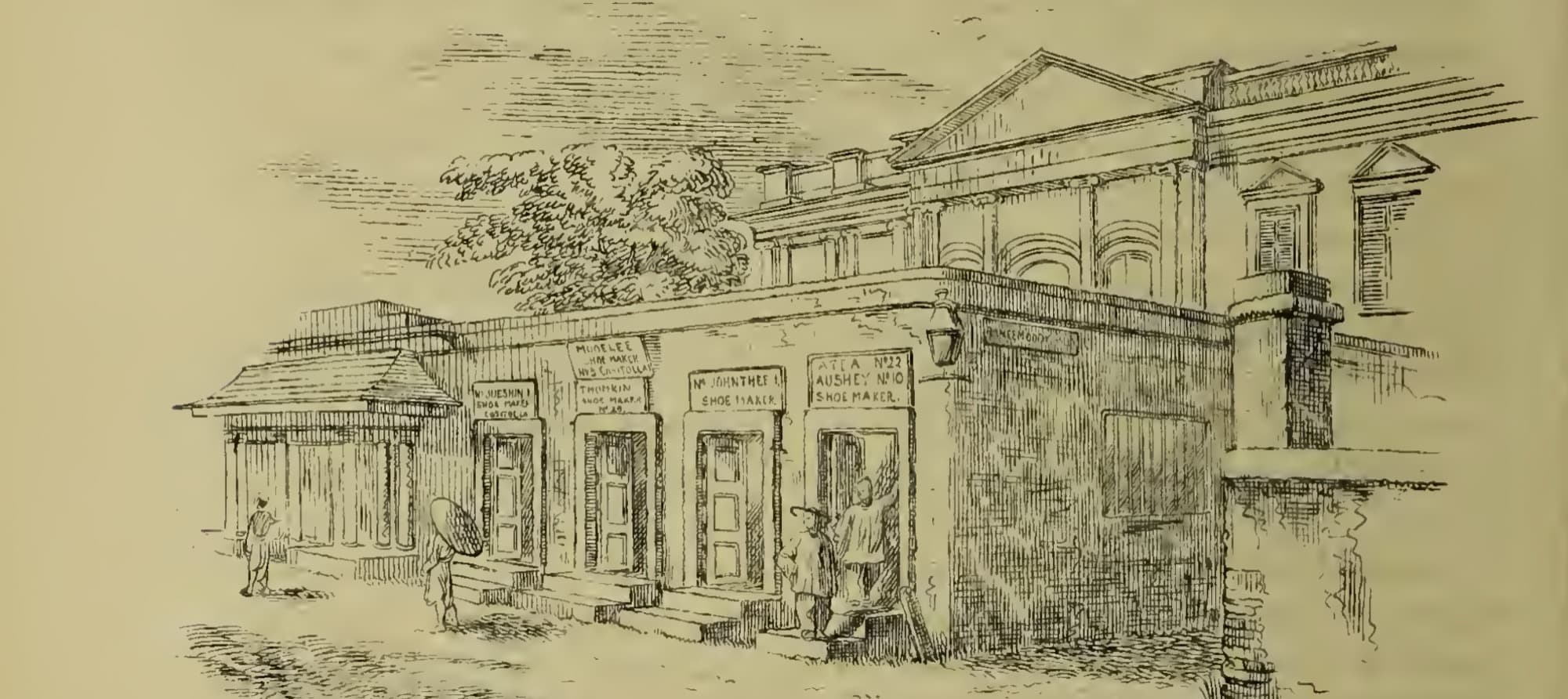 1849 line drawing of Chinese shoemaker shops along a Calcutta street corner, with signboards over the doors