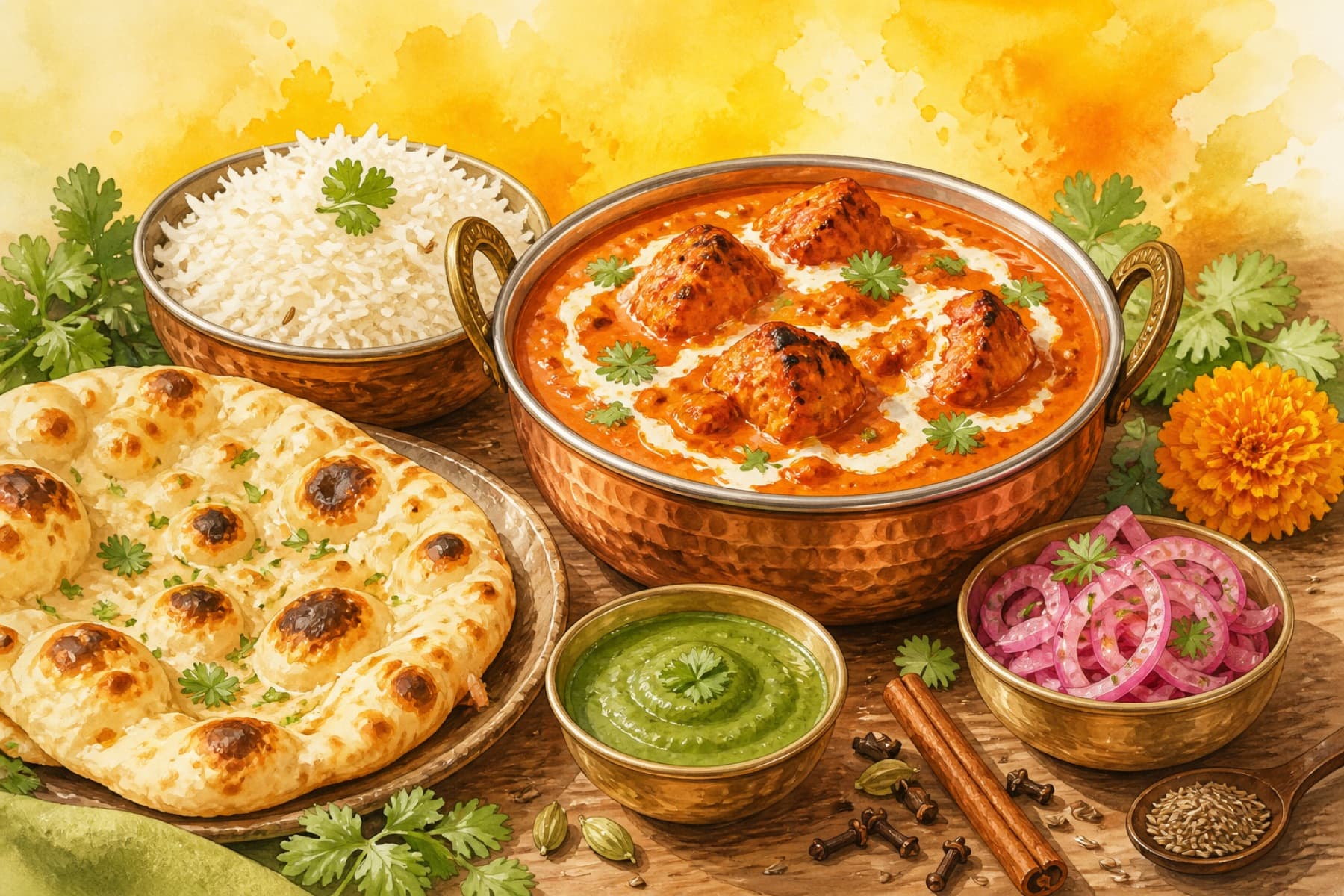 Colorful illustration of chicken tikka masala in a copper bowl with rice, naan, chutney, onions, and whole spices