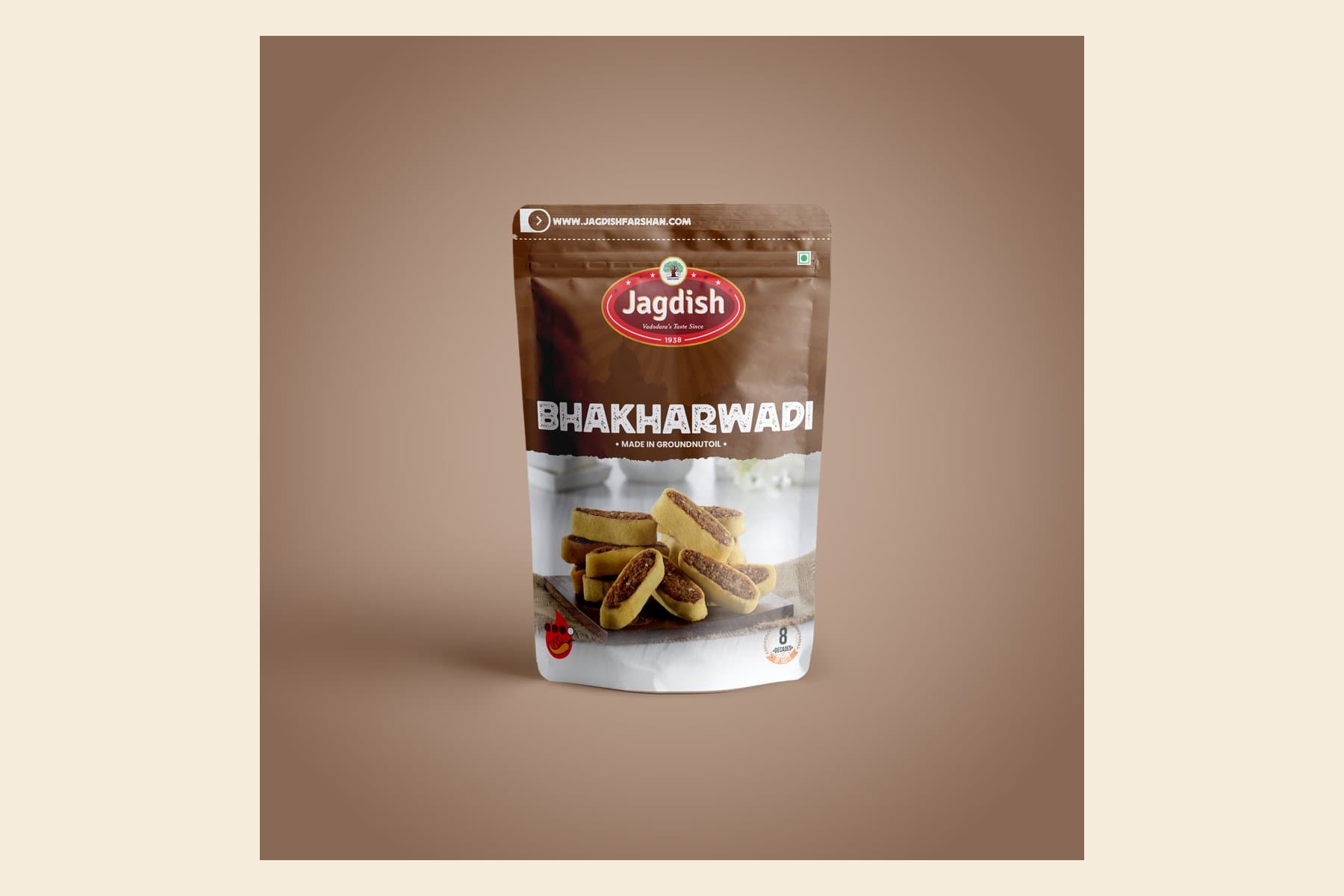 Jagdish Farshan Bhakharwadi pouch labeled Vadodara’s Taste Since 1938, made in groundnut oil