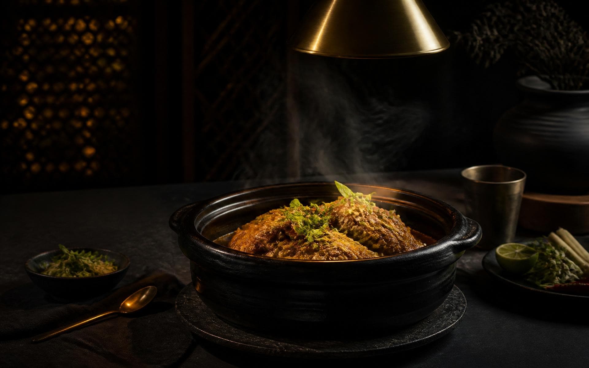 Steaming Northeast Indian curry in a dark pot under a brass pendant light at KHAAR