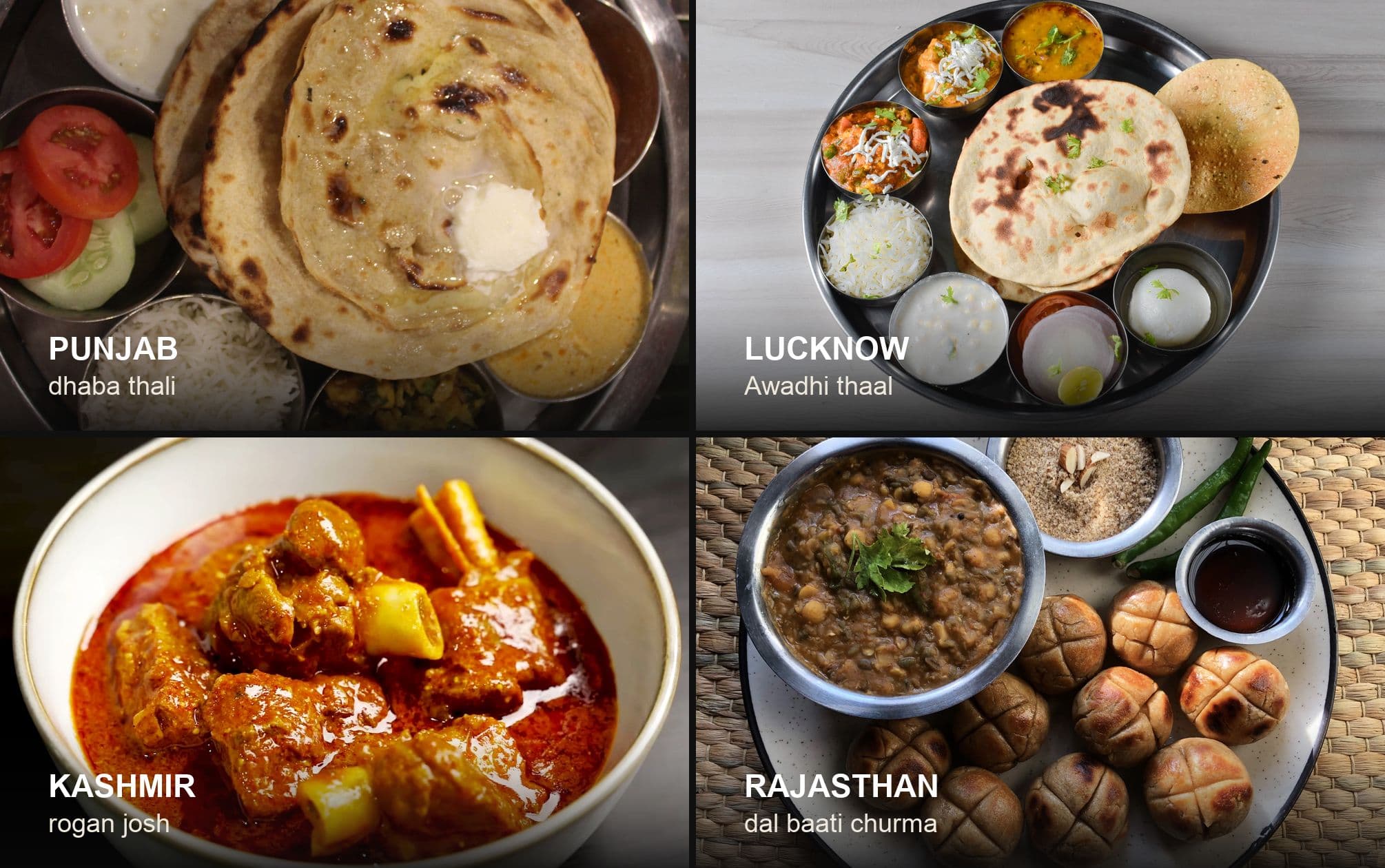 Four labeled regional dishes: a Punjabi dhaba thali, an Awadhi thaal from Lucknow, Kashmiri rogan josh, and Rajasthani dal baati churma