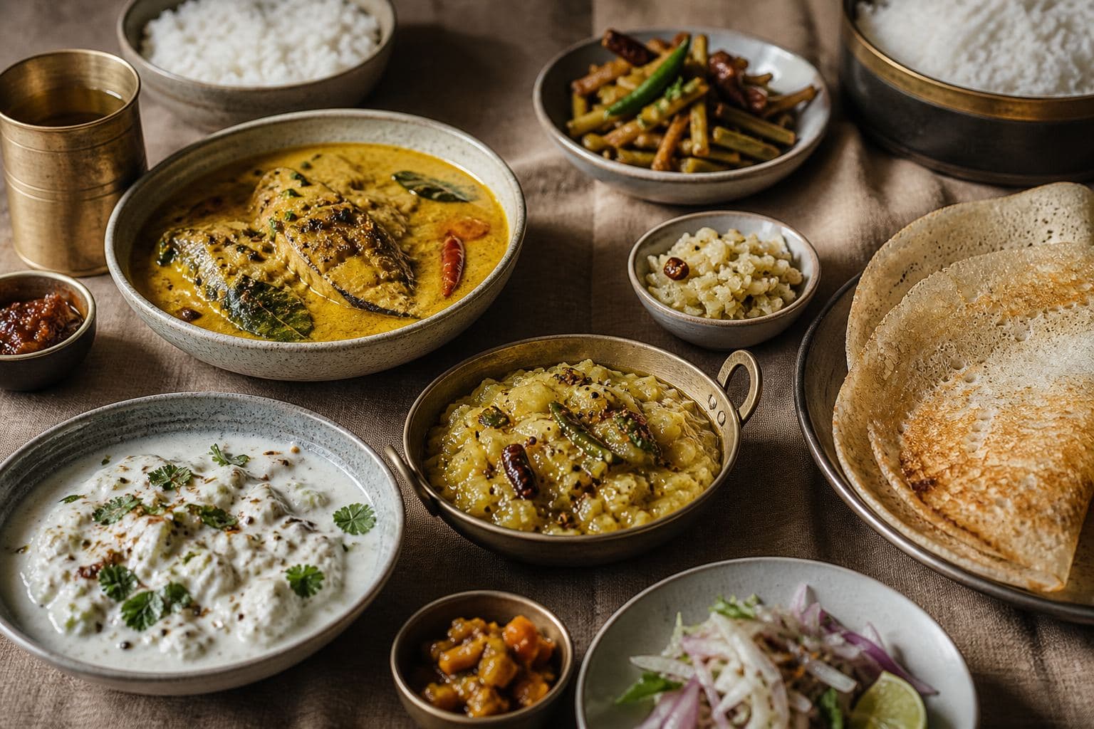 A contemporary table presenting dishes inspired by several distinct South Asian regions