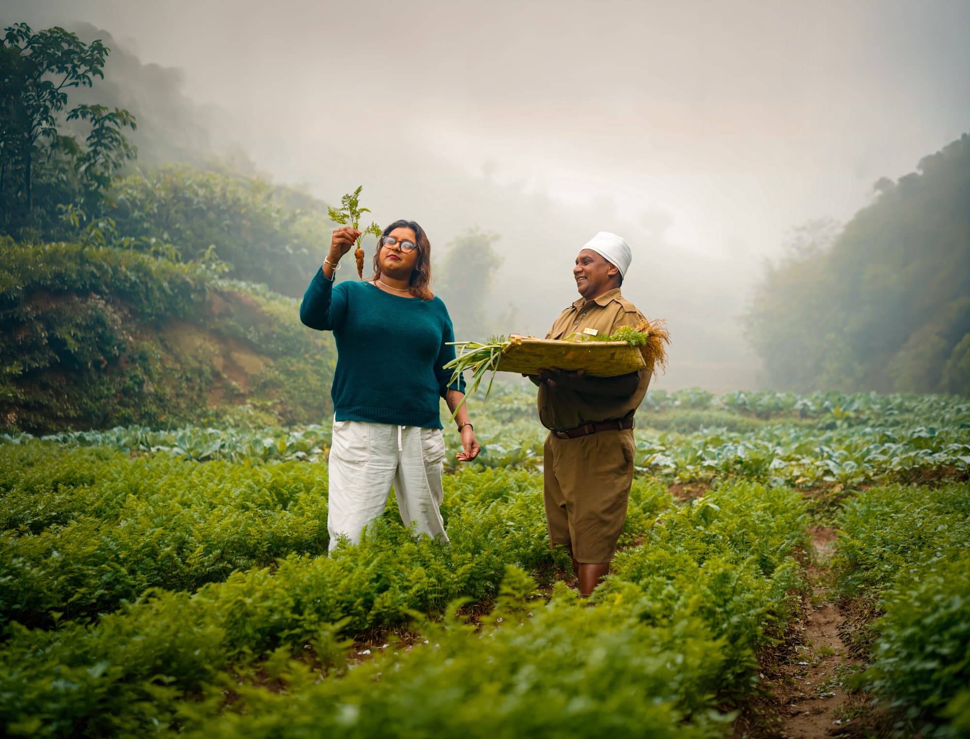 Sav Perera holding a freshly pulled carrot in a misty highland vegetable field beside a farmer with a tray of greens