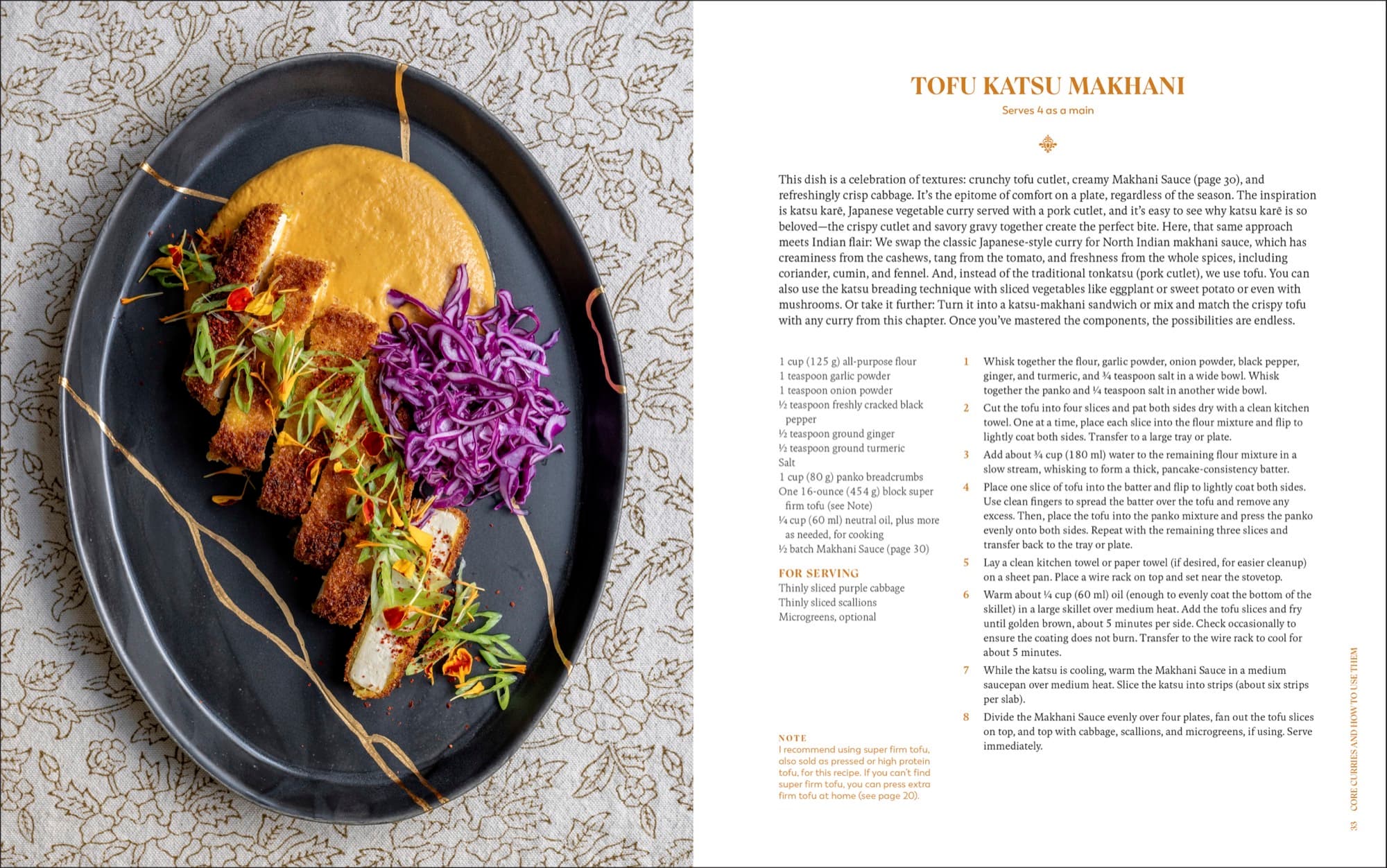 Cookbook spread showing tofu katsu makhani on a dark platter beside the Kari recipe page