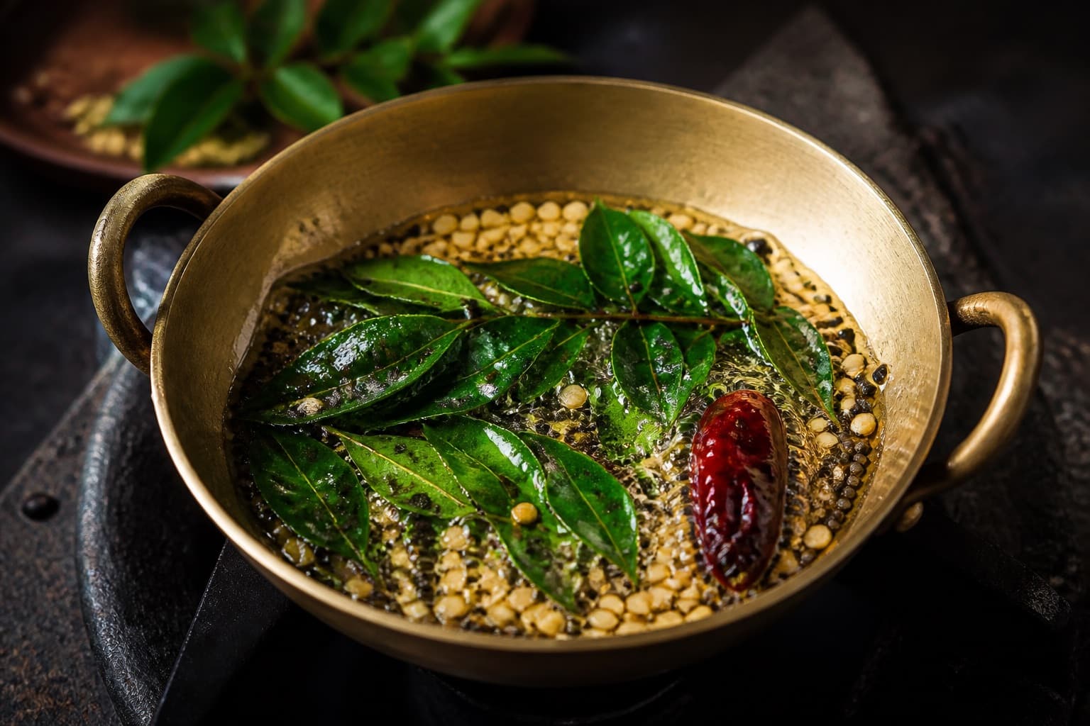 Fresh curry leaves crackling in a brass tadka pan with mustard seeds, urad dal, and dried red chile