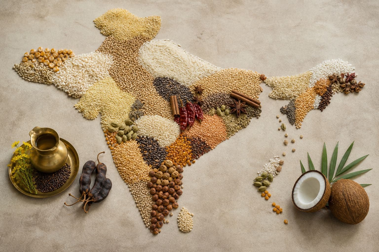 Grains, legumes, coconut, tamarind and spices arranged to suggest India’s varied food regions